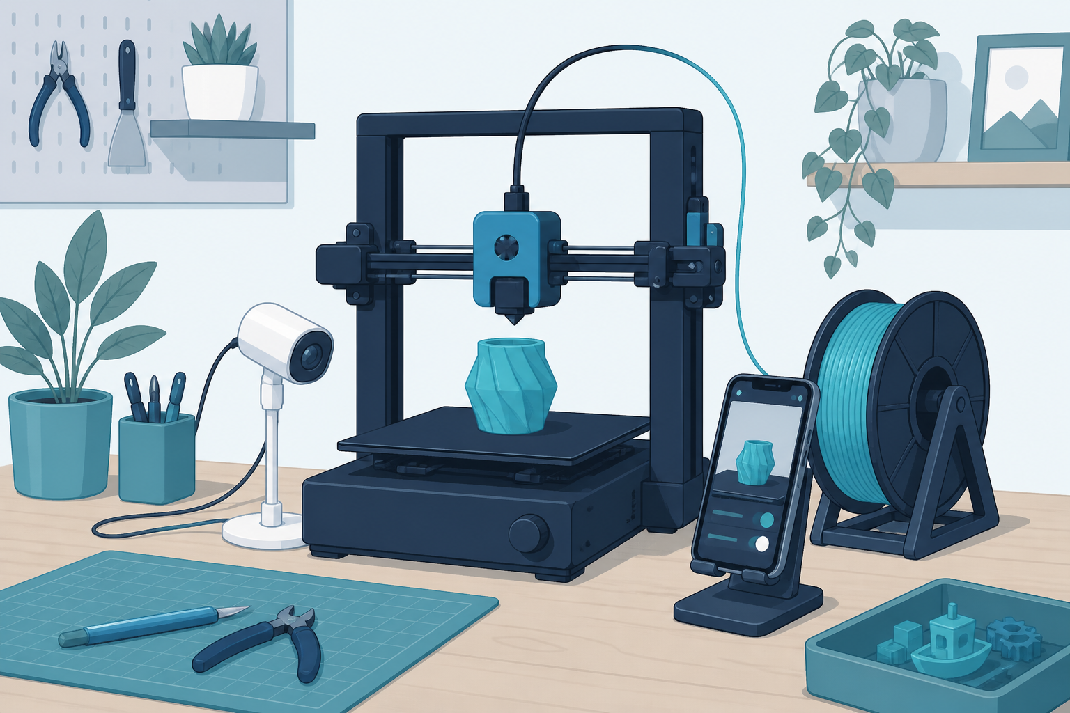 Flat illustration of a camera watching a home 3D printer from a blue maker desk