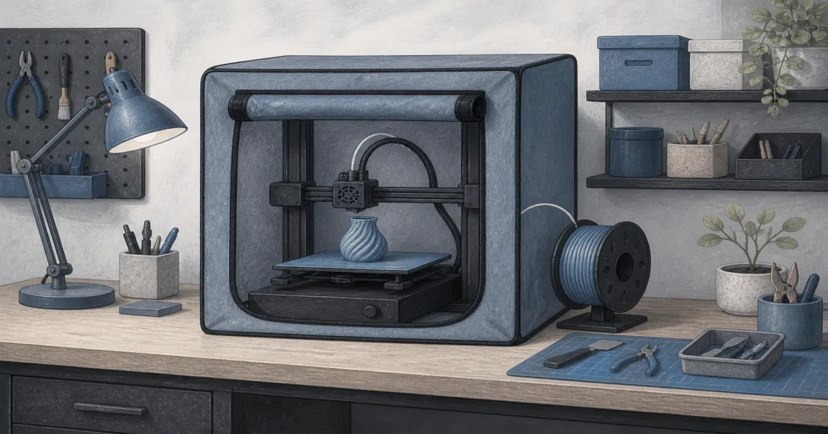 Flat illustration of a 3D printer tent enclosure on a steel-blue maker desk