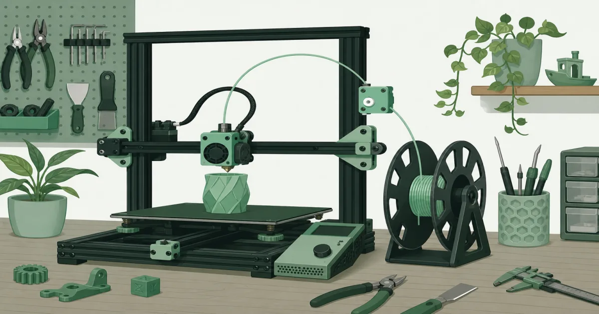 Illustration of a filament runout sensor beside a home 3D printer and spool