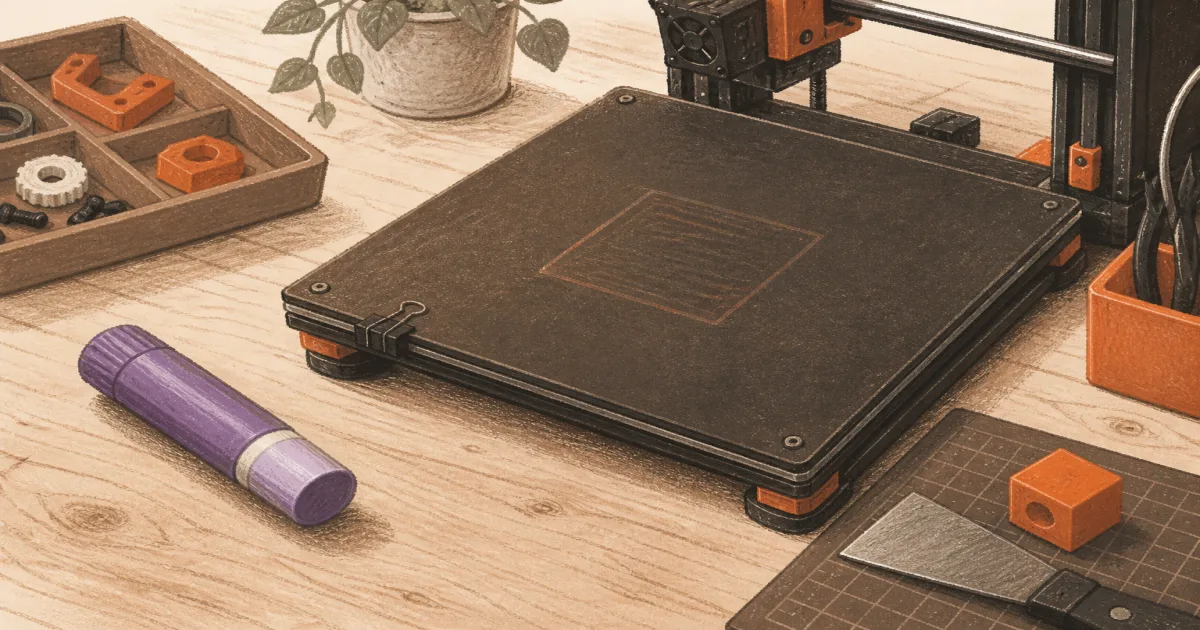 Flat illustration of a glue stick and 3D printer bed on a warm orange desk