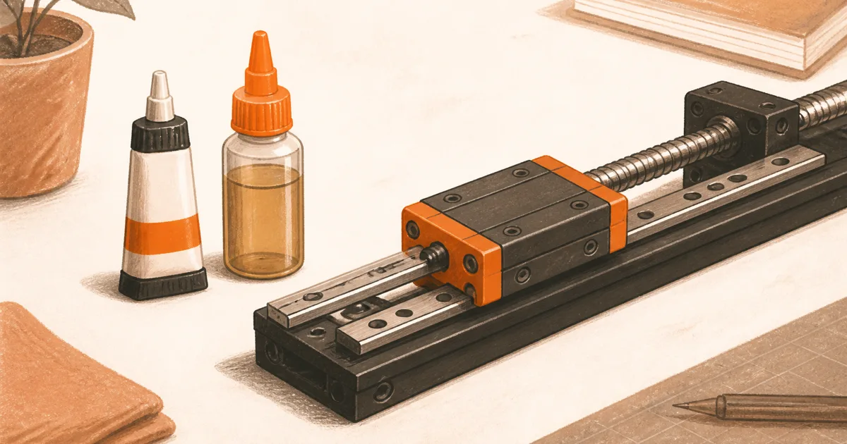 Flat illustration of grease and oil bottles beside a 3D printer rail on a warm orange maker desk