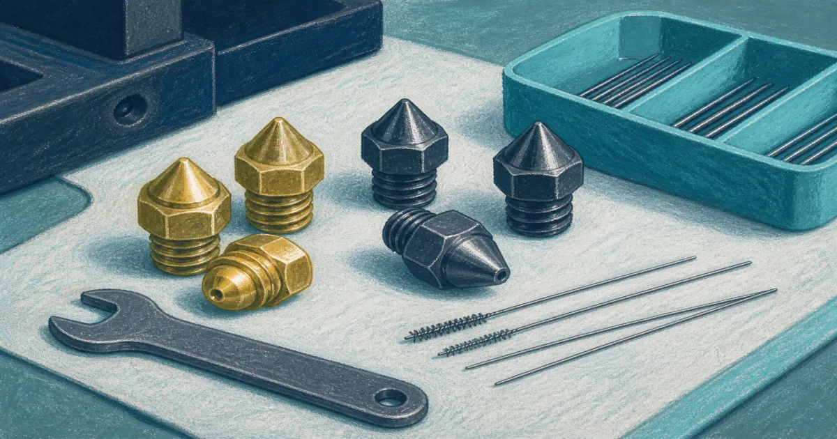 Flat illustration of brass and steel 3D printer nozzles on a cyan tool bench