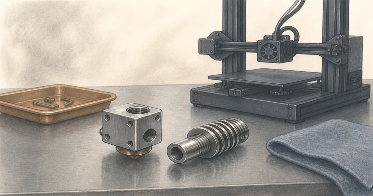 All-metal hotend heater block and heat break on a steel maker bench beside a home FDM printer