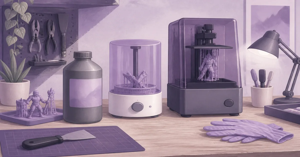 Flat illustration of a resin bottle and wash-cure station on a violet desk