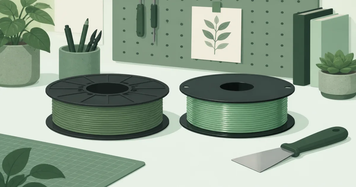 Flat illustration of two filament spools and a scraper on a mint green maker desk