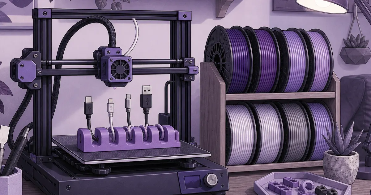 Flat illustration of a home 3D printer with tidy filament storage in a violet living-room work corner