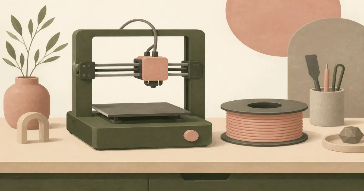 Flat illustration of a compact printer and filament spool on a sand-colored desk