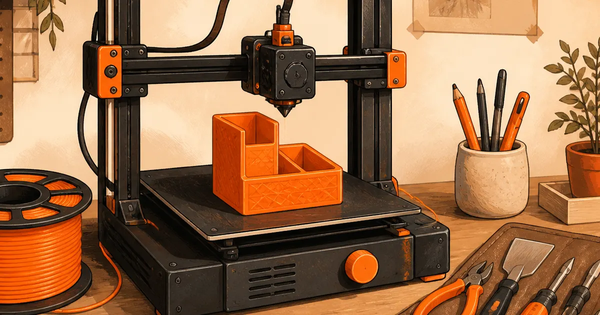 Flat illustration of an affordable home 3D printer, orange filament, and maker tools on a warm desk