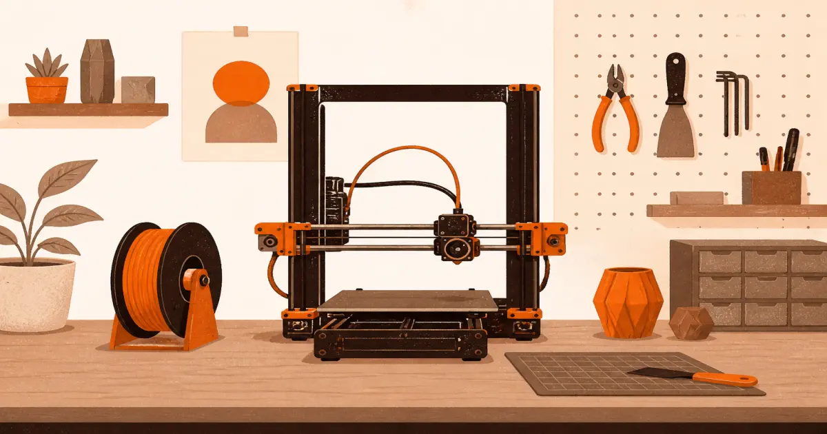 Flat illustration of a budget home 3D printer and spool on a warm orange desk