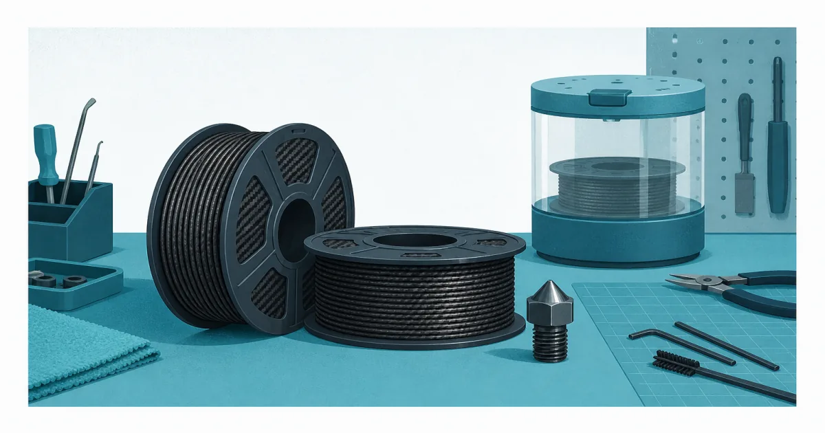 Flat illustration of carbon-fiber-filled filament spools and a hardened nozzle on a cyan maker bench