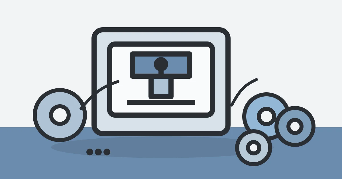 Flat illustration of a multicolor 3D printer and four filament spools on a steel-blue maker desk