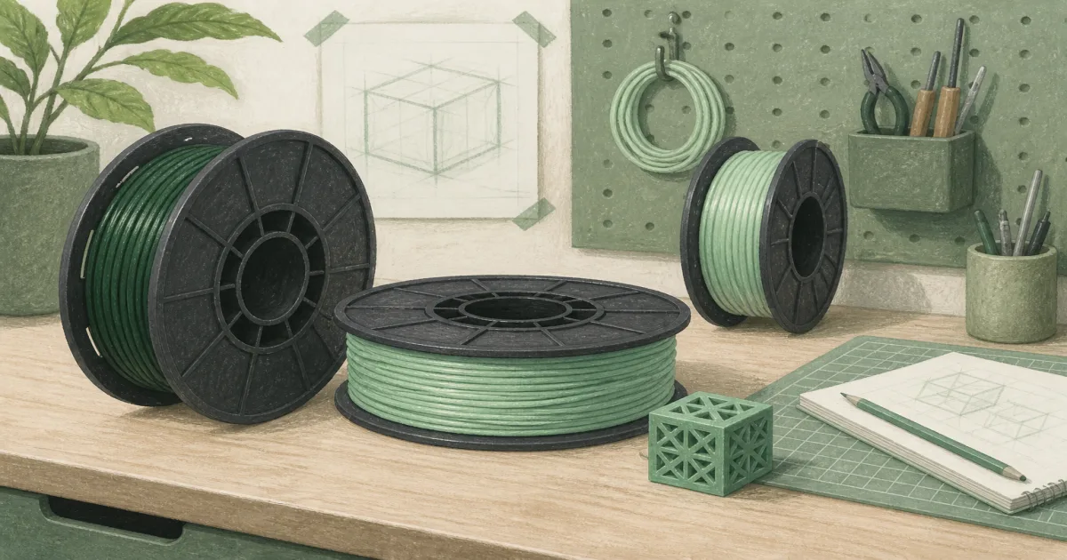 Flat illustration of PLA filament spools on a mint-green maker desk