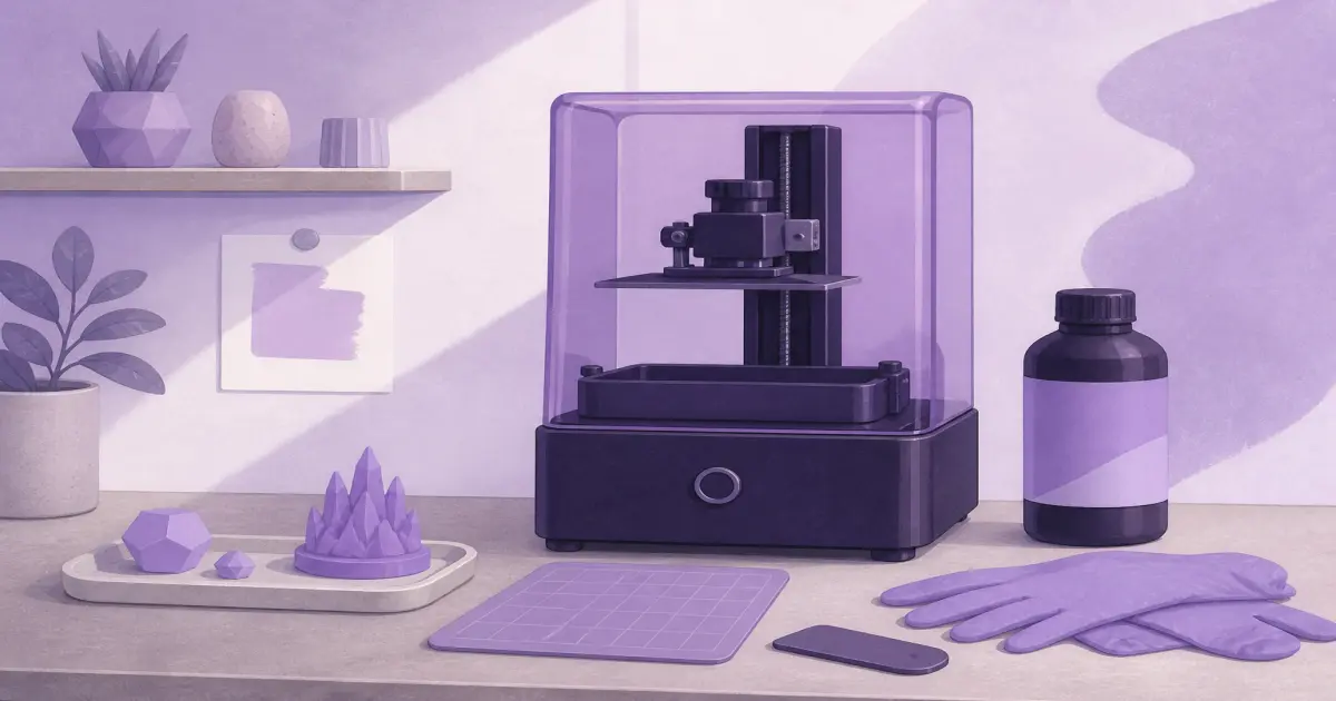 Flat illustration of a resin 3D printer and bottle on a violet maker desk