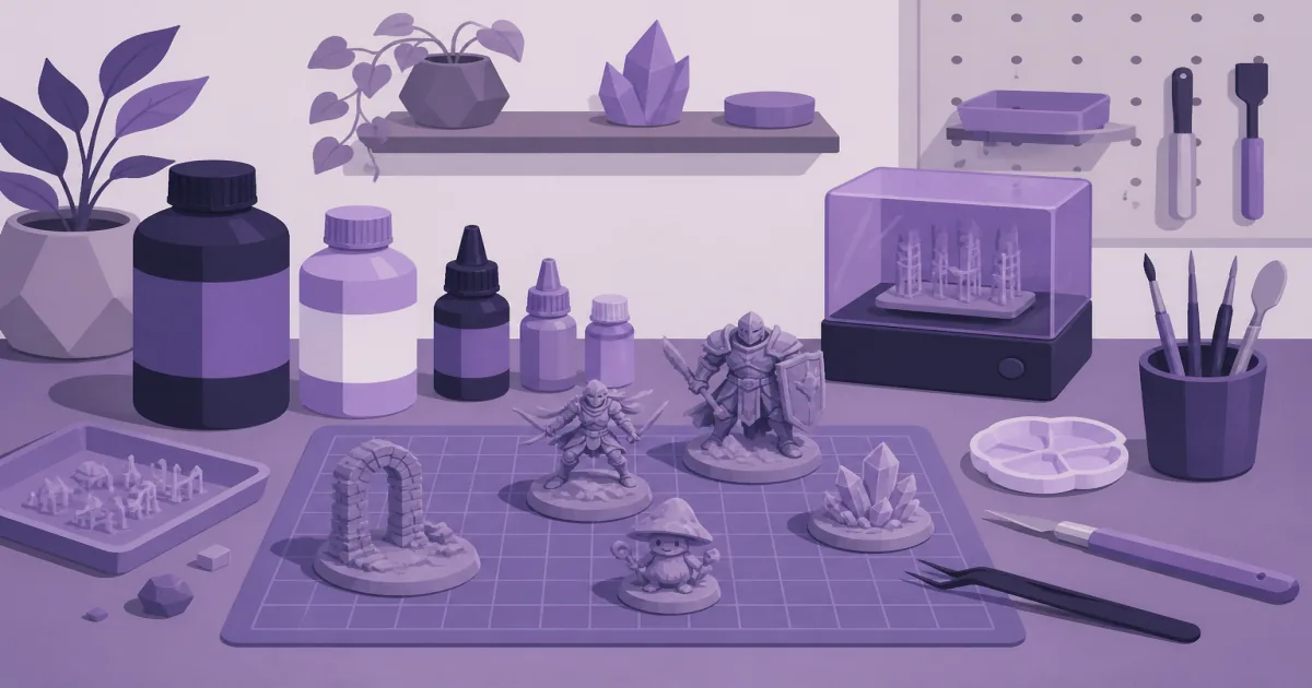 Flat illustration of resin bottles and small tabletop miniatures on a violet hobby desk