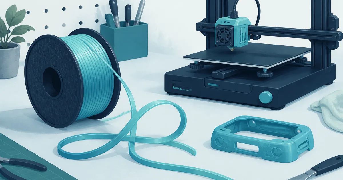 Flat illustration of a flexible TPU filament coil and spool on a cyan maker desk