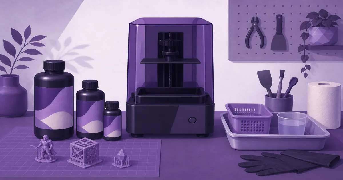 Flat illustration of water washable resin bottles beside a compact resin printer on a violet workbench