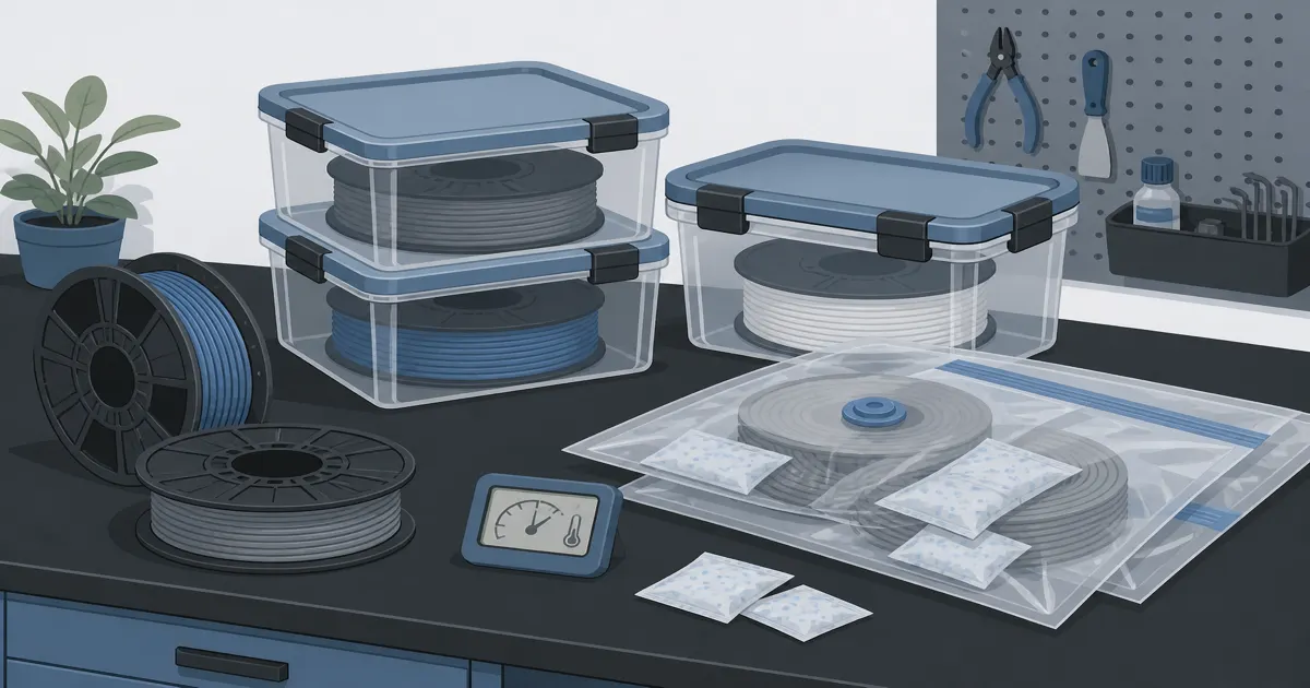 Flat illustration of sealed filament boxes, spools, and vacuum bags on a steel-grey maker desk
