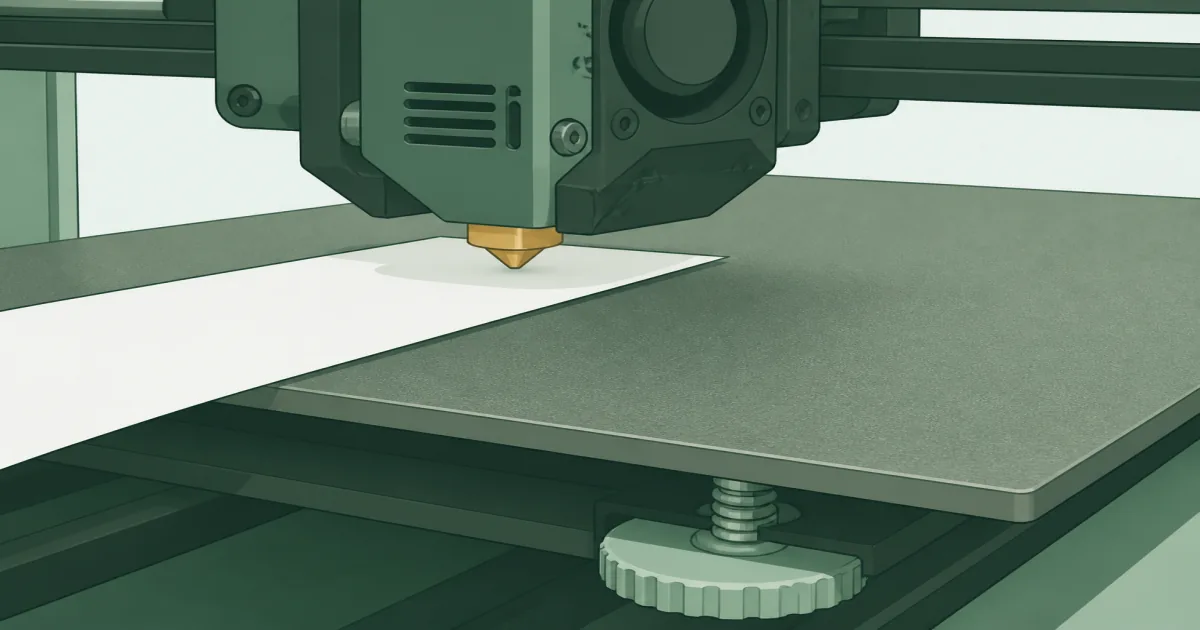 Paper gap check under a 3D printer nozzle on a clean PEI bed during manual leveling on a home desk