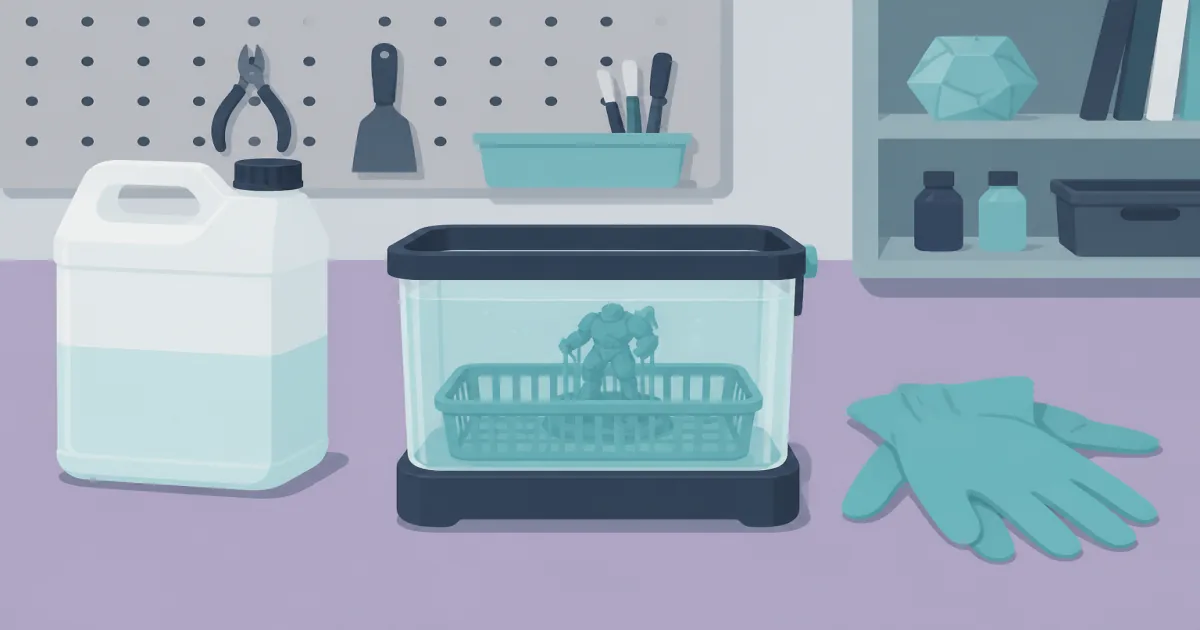 Flat illustration of an isopropyl alcohol jug and nitrile gloves beside a small resin wash tub on a violet workbench
