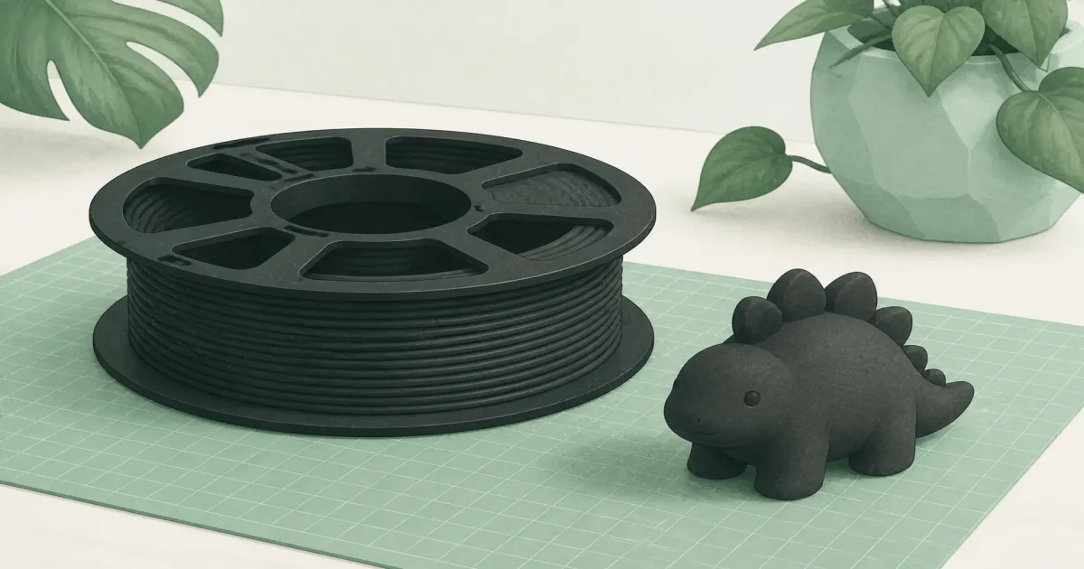 Matte charcoal PLA filament spool beside a frosted figurine on a maker desk