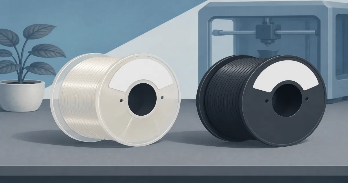 Side-by-side PETG and ABS filament spools on a warm maker desk with an enclosed home 3D printer in soft focus