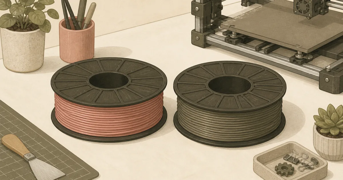 Flat illustration of PLA and ABS filament spools compared on a sand-colored maker desk