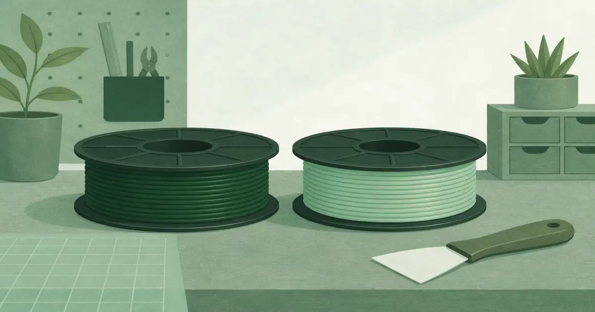 Flat illustration of two filament spools compared on a mint green desk