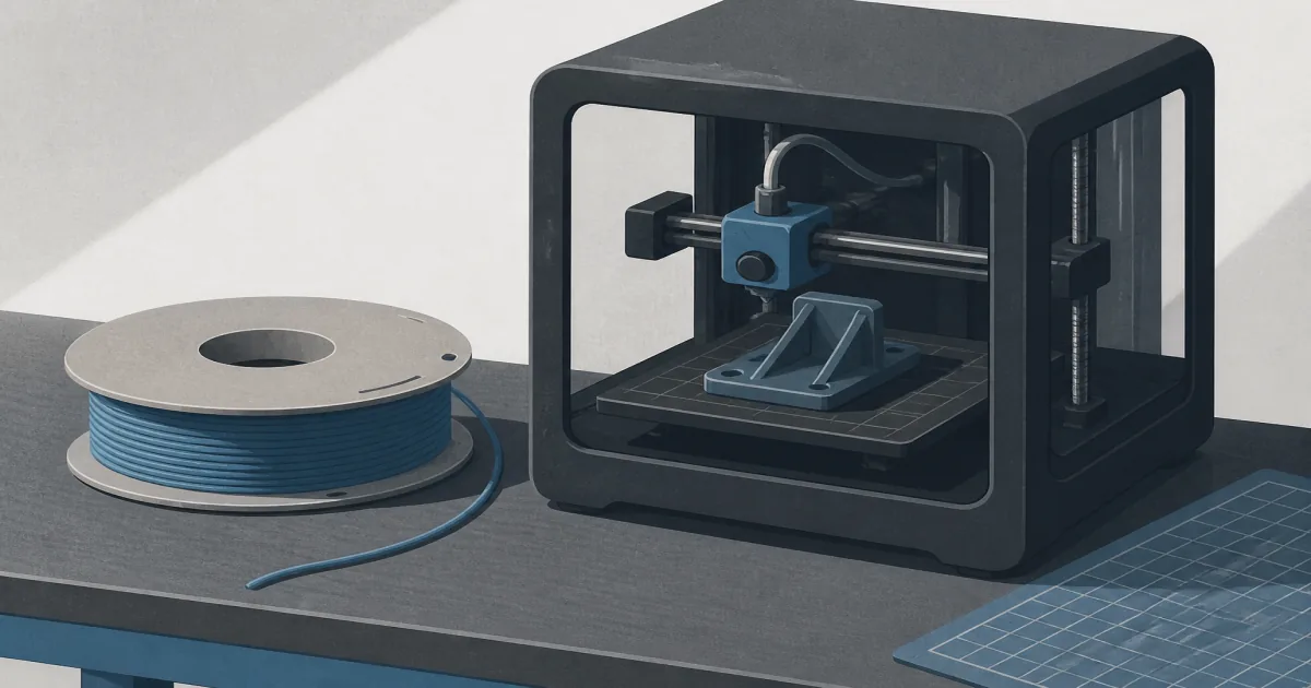 Polycarbonate filament spool and enclosed printer printing a tough bracket on a slate maker bench