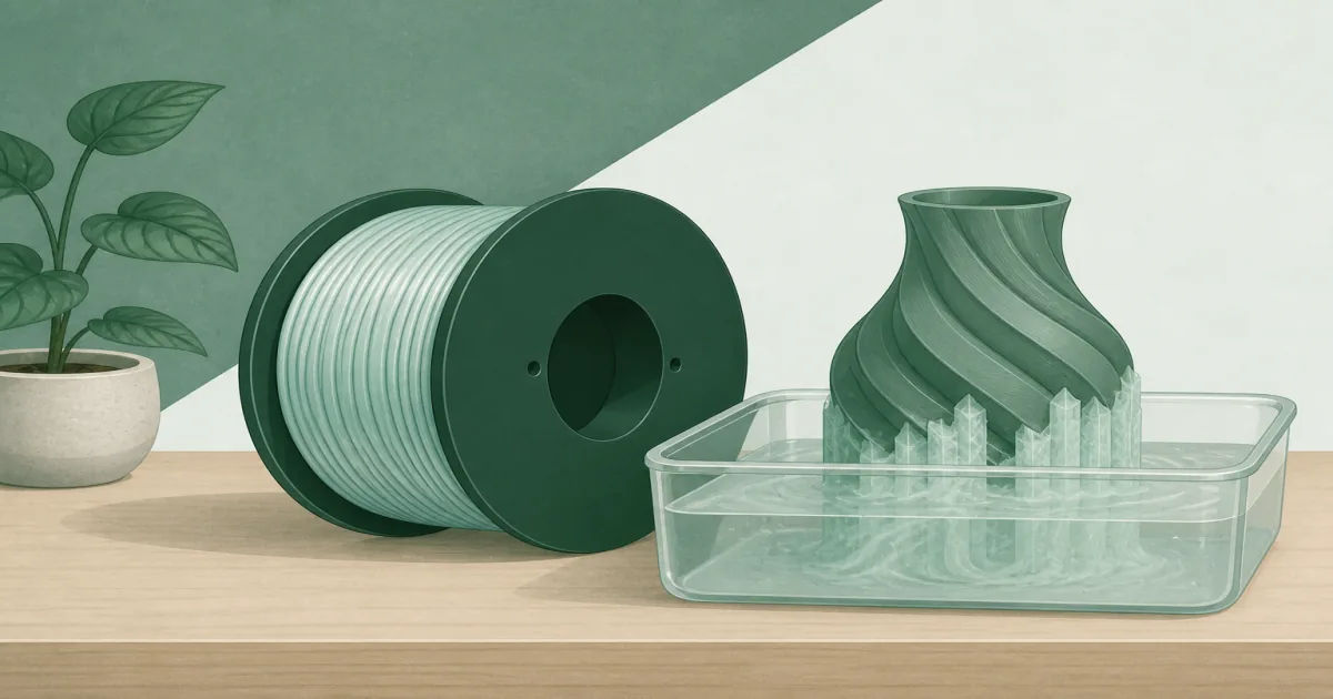 Water-soluble PVA filament spool beside a dual-extruder print dissolving in a clear tray