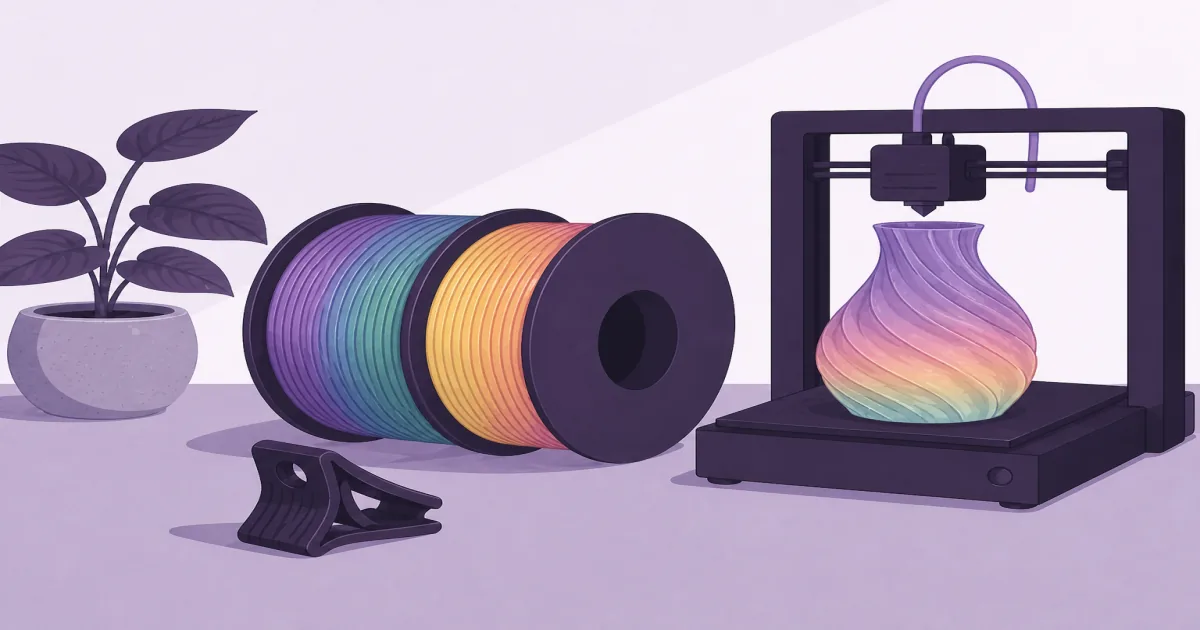Rainbow PLA filament spool beside a tall gradient vase print on a maker desk