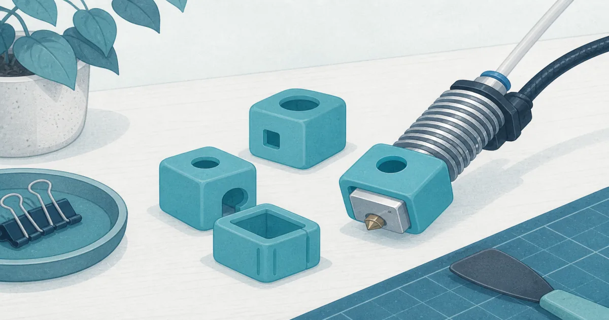 Soft pastel cyan-tool flat illustration of silicone heater-block socks beside an MK8 hotend on a cool maker bench
