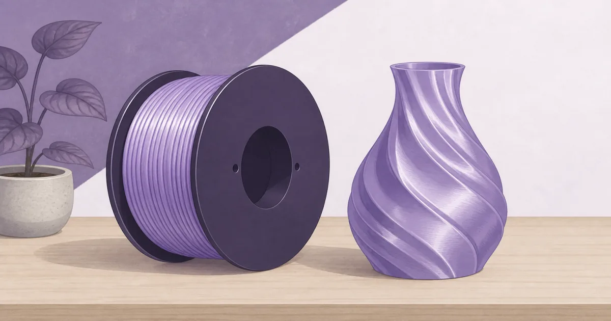 Shiny silk PLA filament spool beside a glossy vase print on a maker desk