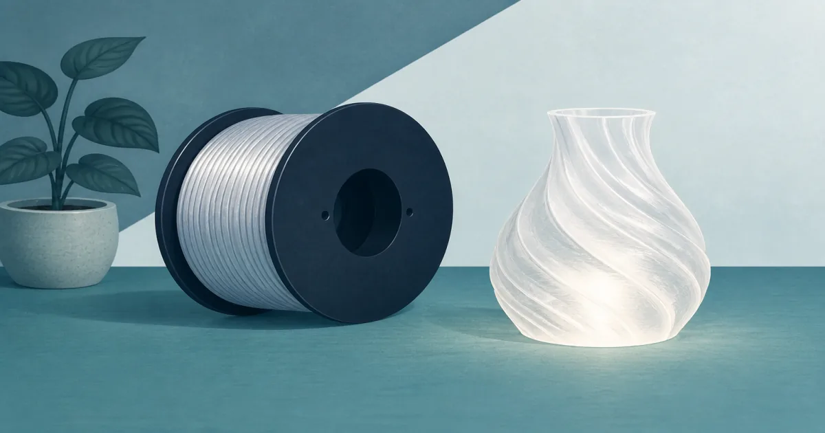 Clear translucent PLA filament spool and glowing lampshade print on a soft teal maker desk