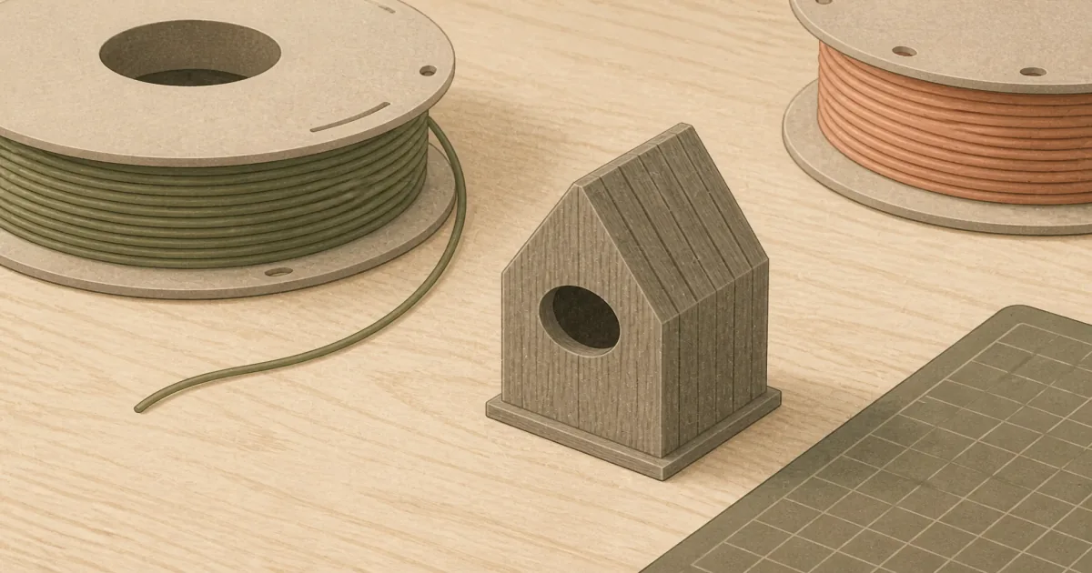 Flat illustration of wood-fiber PLA spools and a timber-look print on a warm oak maker desk