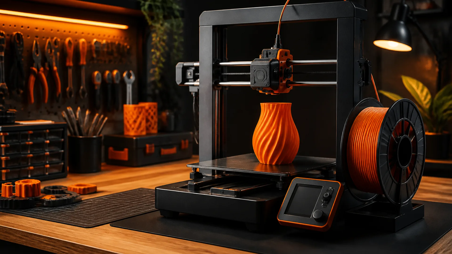 Desktop 3D printer silhouette with filament spool in warm maker tones